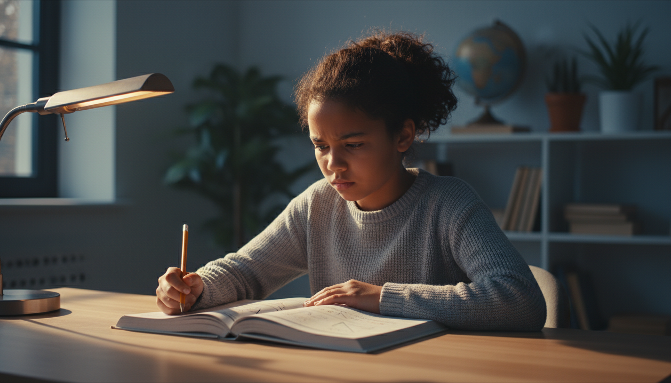 Student struggling with homework, looking thoughtful and slightly confused