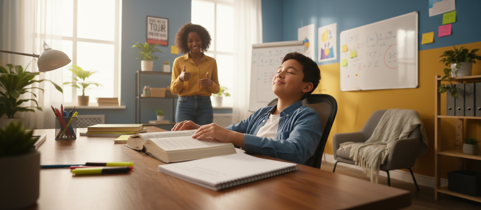 Student looking relieved and confident after completing homework